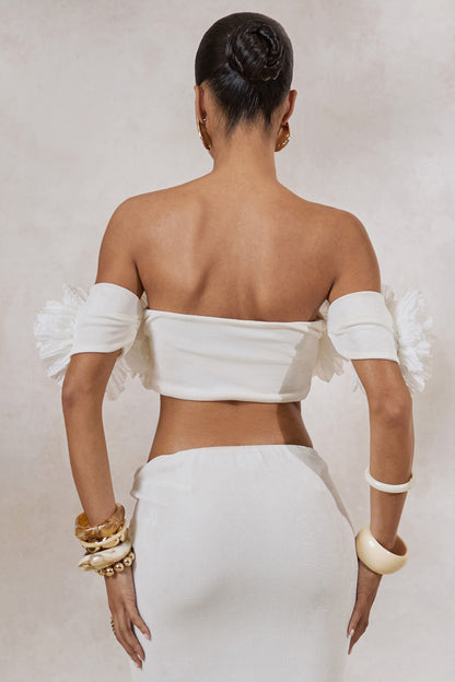 Arwenne | Top Corto Premamá Blanco Con Escote Bardot Y Detalle Corsage