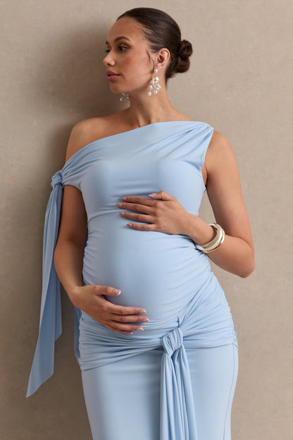 Cataleya | Top Premamá Azul Pastel Con Escote Asimétrico, Nudo Y Detalle De Faja