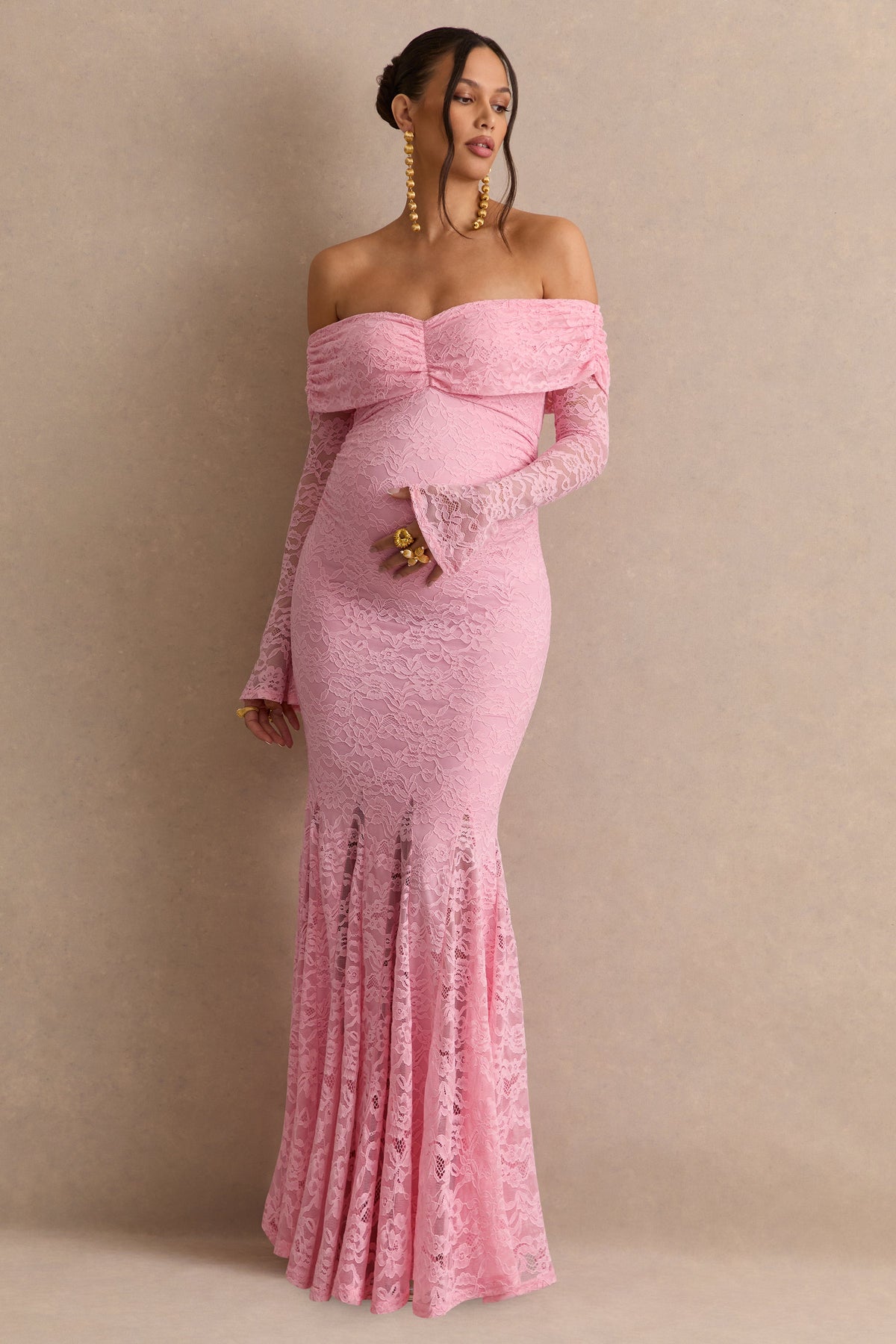 Valleria | Vestido Maxi Premamá Rosa Palo De Encaje Con Escote Bardot Y Mangas Campana