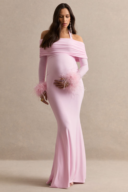 Desirae | Vestido Largo Premamá Rosa Pastel Con Escote Halter