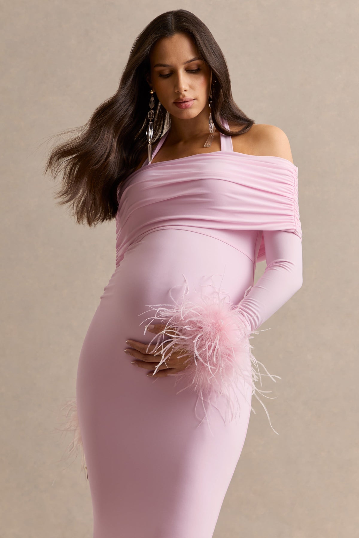 Desirae | Vestido Largo Premamá Rosa Pastel Con Escote Halter
