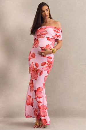 Dalisay | Vestido Largo Premamá Rosa Con Estampado Floral Y Escote Bardot