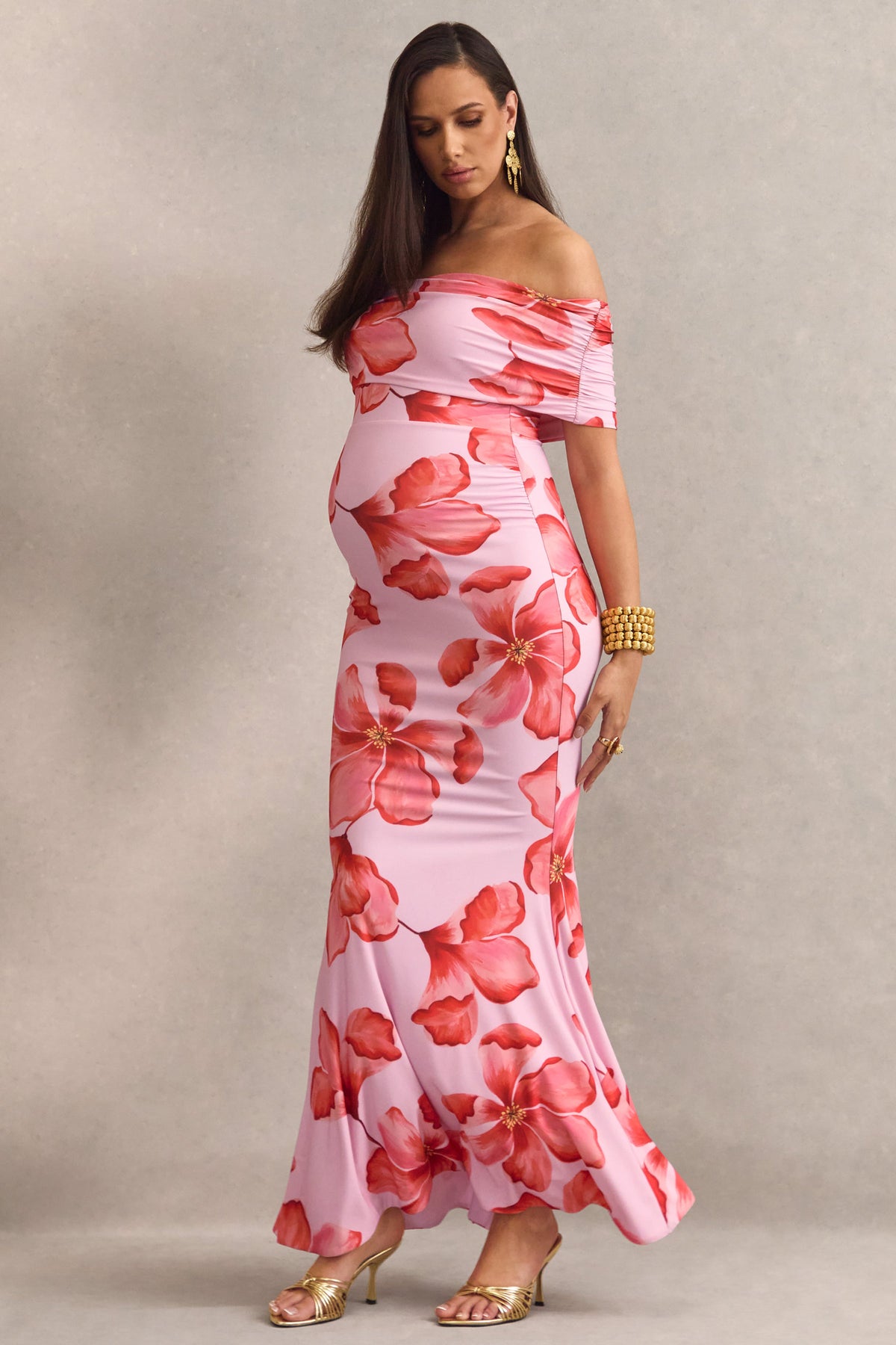 Dalisay | Vestido Largo Premamá Rosa Con Estampado Floral Y Escote Bardot
