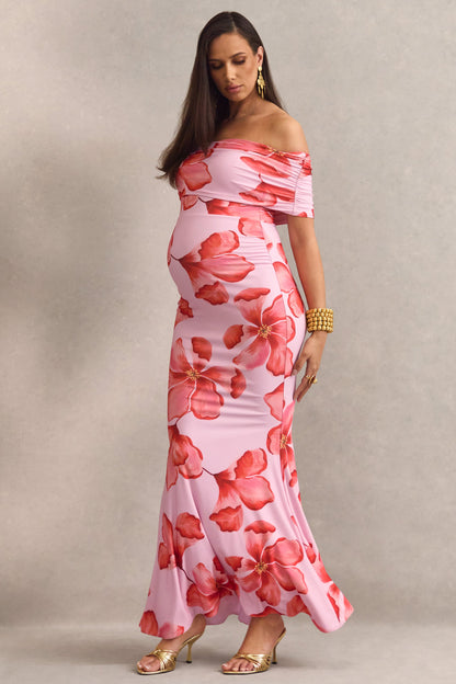 Dalisay | Vestido Largo Premamá Rosa Con Estampado Floral Y Escote Bardot