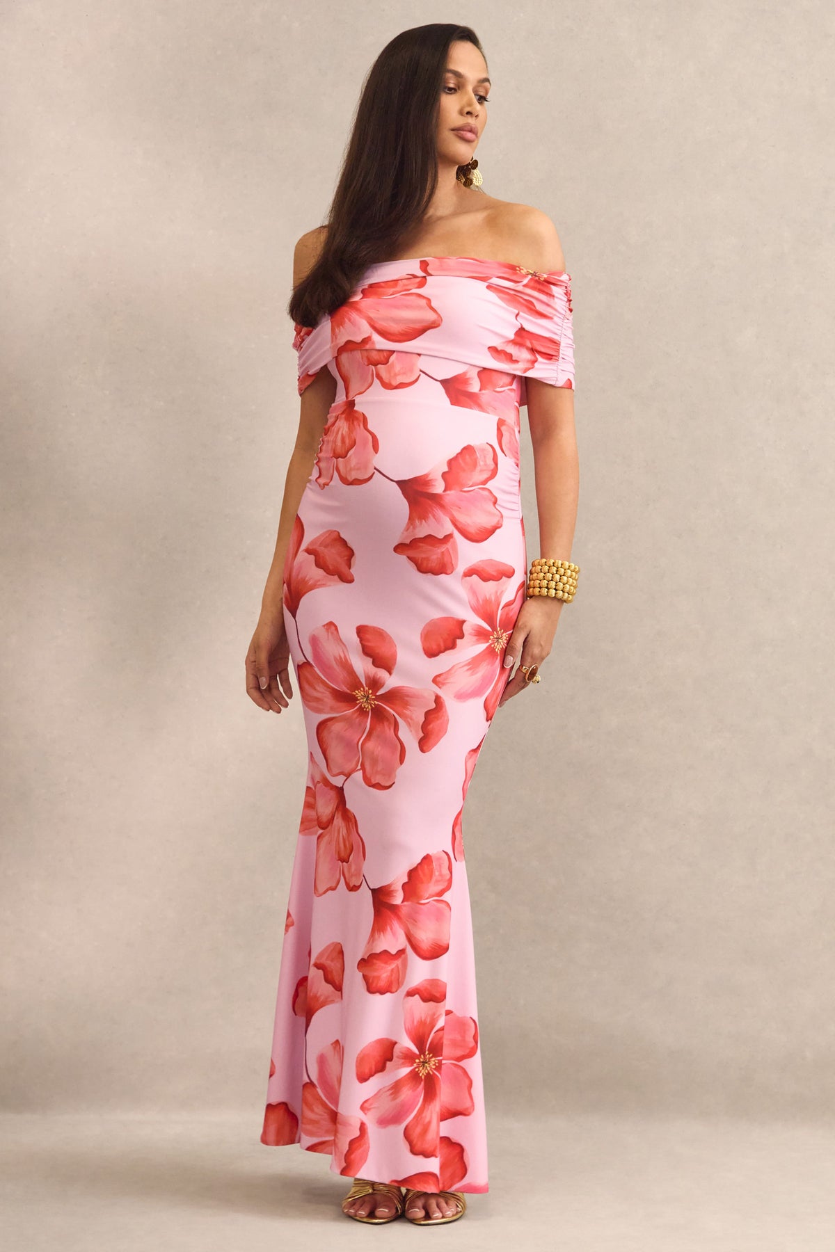 Dalisay | Vestido Largo Premamá Rosa Con Estampado Floral Y Escote Bardot