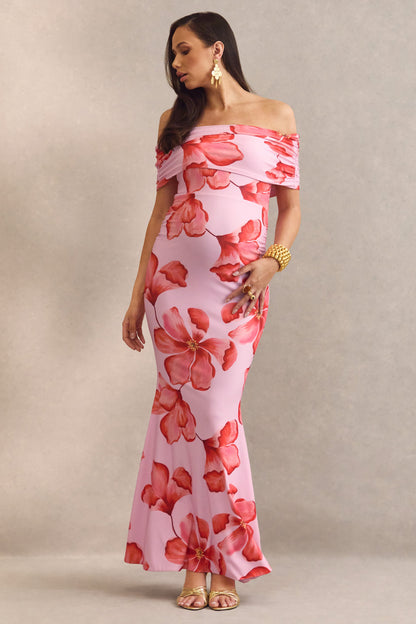 Dalisay | Vestido Largo Premamá Rosa Con Estampado Floral Y Escote Bardot