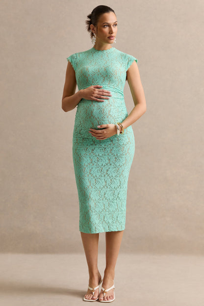 Vianne | Vestido Midi Premamá Verde Menta De Encaje Con Cuello Redondo