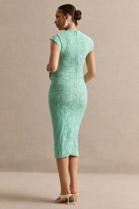 Vianne | Vestido Midi Premamá Verde Menta De Encaje Con Cuello Redondo
