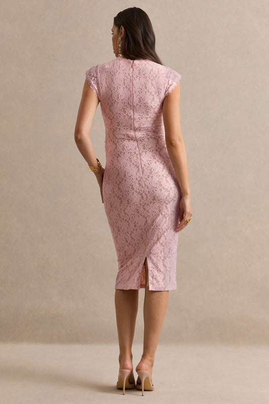 Vianne | Vestido Midi Premamá Rosa De Encaje Con Cuello Redondo