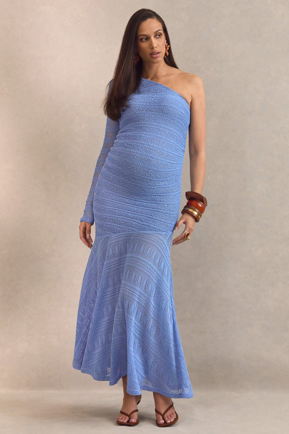 Xavia | Vestido Maxi Premamá Azul Con Escote Asimétrico Y Falda Transparente