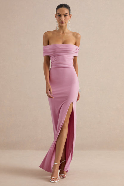 Emari | Vestido largo rosa con escote Bardot y abertura alta delantera