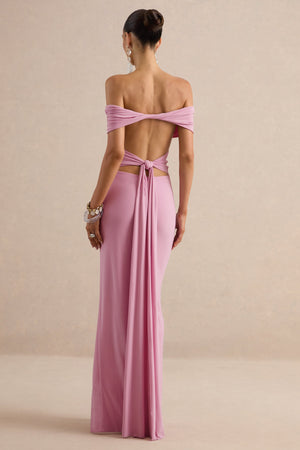 Emari | Vestido largo rosa con escote Bardot y abertura alta delantera