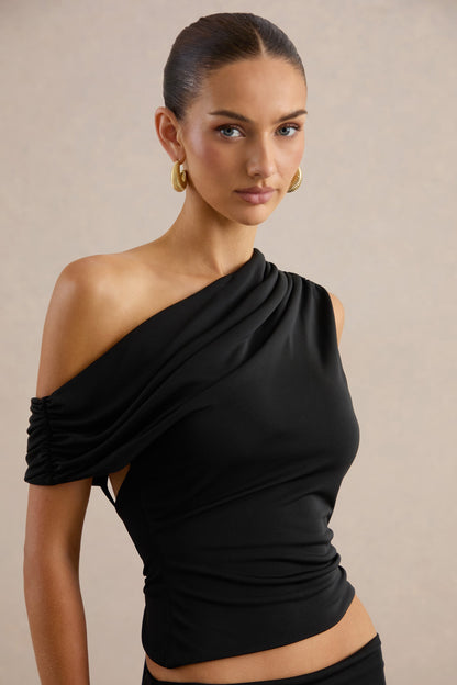 Koralia | Top Negro Cuello Asimétrico Con Detalle De Fajín