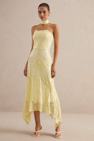 Galathea | Vestido Midi de Encaje Amarillo con Escote Palabra de Honor y Detalle de Cuello