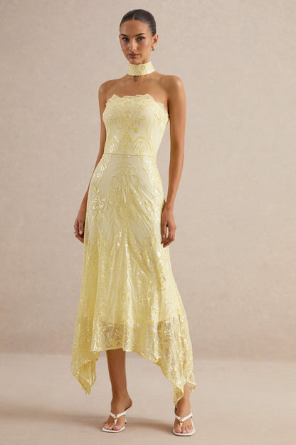Galathea | Vestido Midi de Encaje Amarillo con Escote Palabra de Honor y Detalle de Cuello