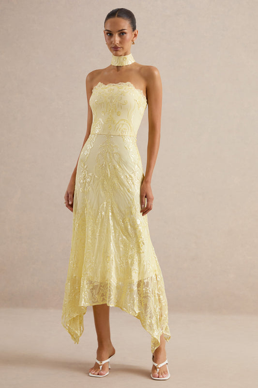 Galathea | Vestido Midi de Encaje Amarillo con Escote Palabra de Honor y Detalle de Cuello