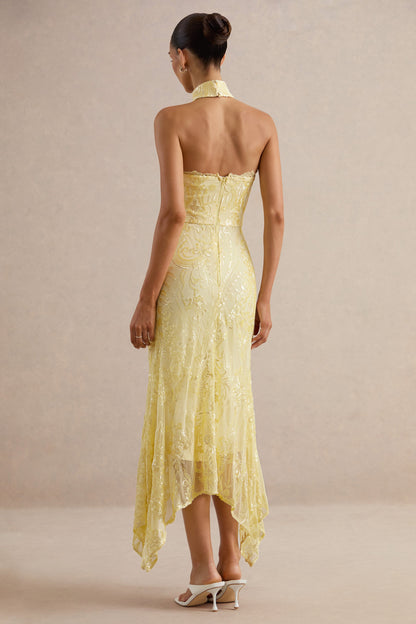 Galathea | Vestido Midi de Encaje Amarillo con Escote Palabra de Honor y Detalle de Cuello