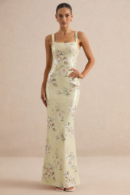 Danette | Vestido Largo de Lentejuelas con Estampado Floral en Tonos Limón y Escote Cuadrado
