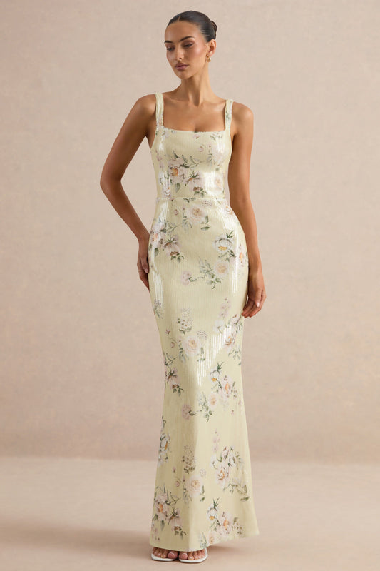 Danette | Vestido Largo de Lentejuelas con Estampado Floral en Tonos Limón y Escote Cuadrado
