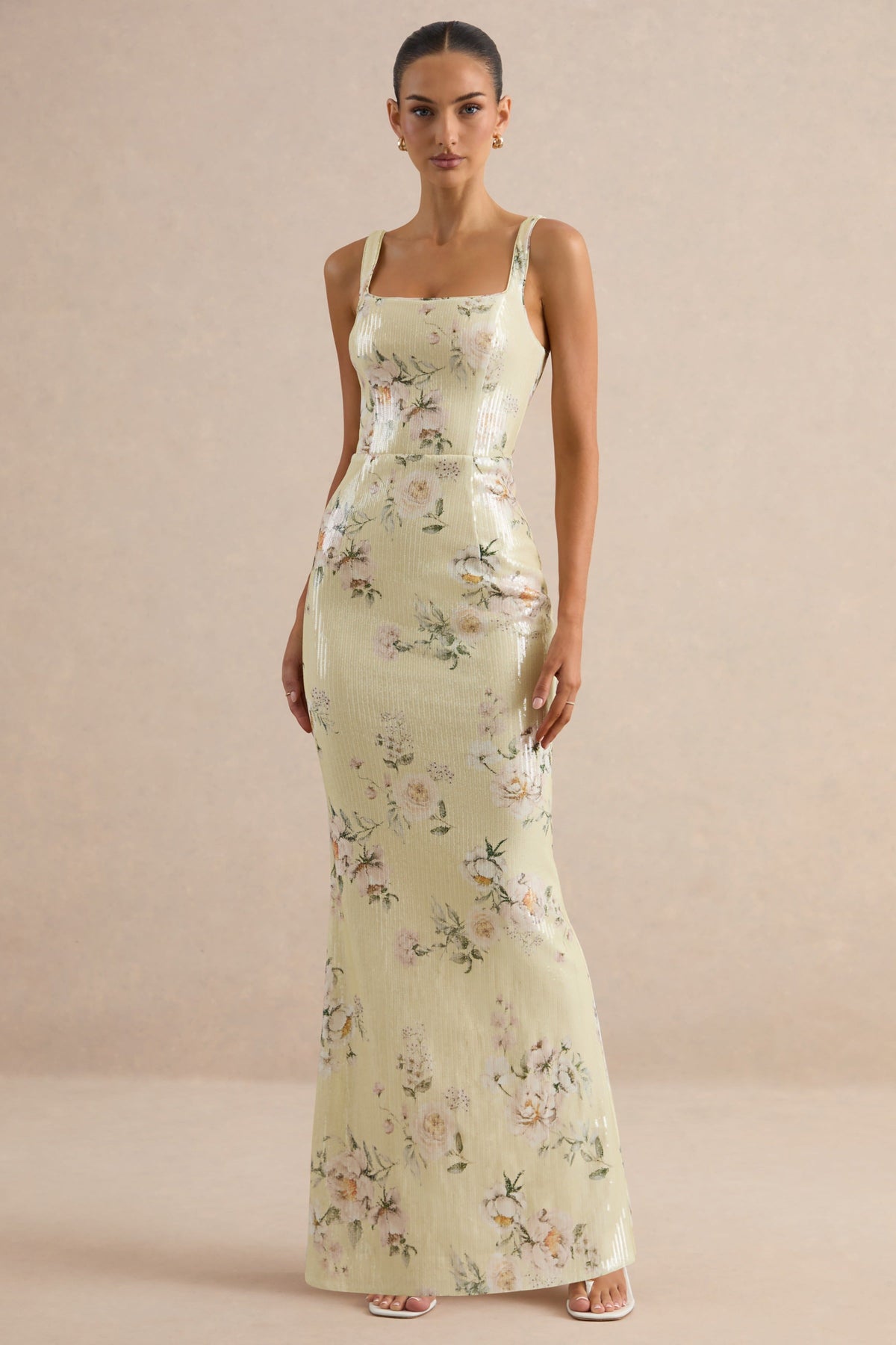 Danette | Vestido Largo de Lentejuelas con Estampado Floral en Tonos Limón y Escote Cuadrado