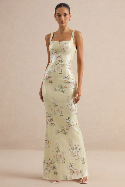 Danette | Vestido Largo de Lentejuelas con Estampado Floral en Tonos Limón y Escote Cuadrado