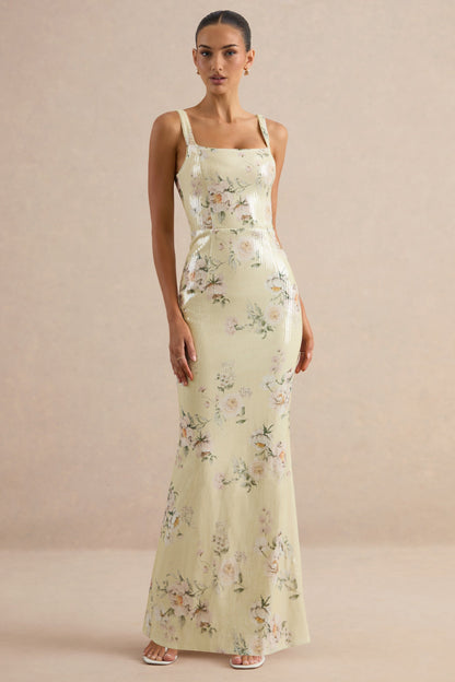 Danette | Vestido Largo de Lentejuelas con Estampado Floral en Tonos Limón y Escote Cuadrado