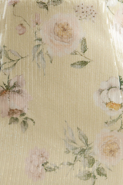 Danette | Vestido Largo de Lentejuelas con Estampado Floral en Tonos Limón y Escote Cuadrado