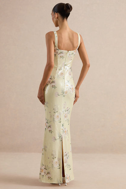 Danette | Vestido Largo de Lentejuelas con Estampado Floral en Tonos Limón y Escote Cuadrado