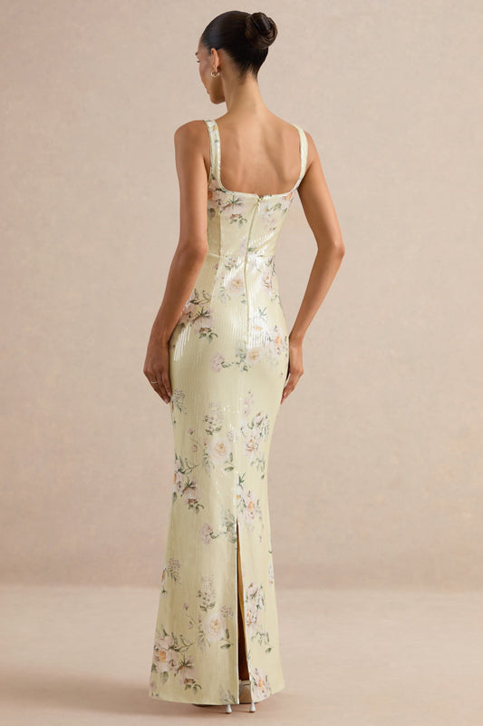 Danette | Vestido Largo de Lentejuelas con Estampado Floral en Tonos Limón y Escote Cuadrado