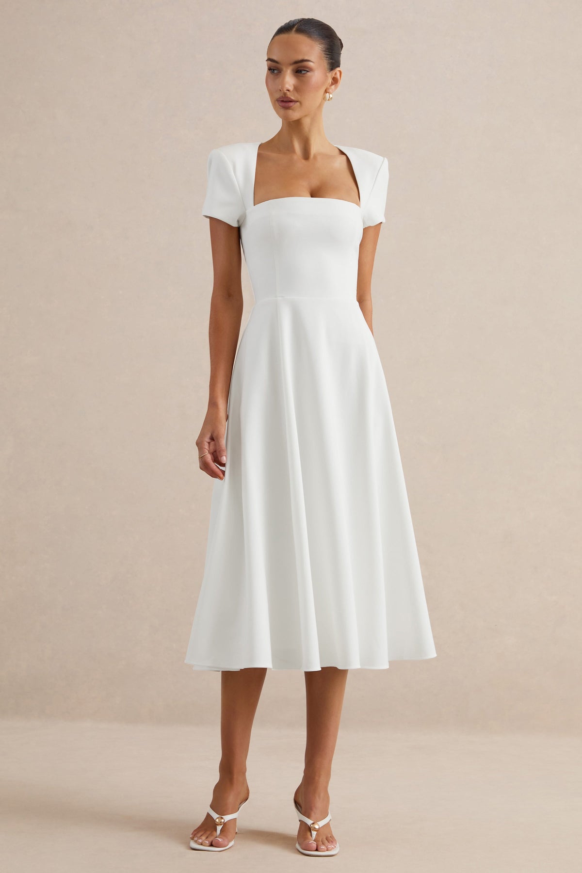 Donia | Vestido Midi Blanco De Línea A Con Escote Cuadrado