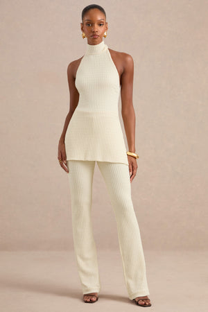 Athenais | Pantalones Crema De Punto Texturizado De Tiro Alto Y Pierna Recta
