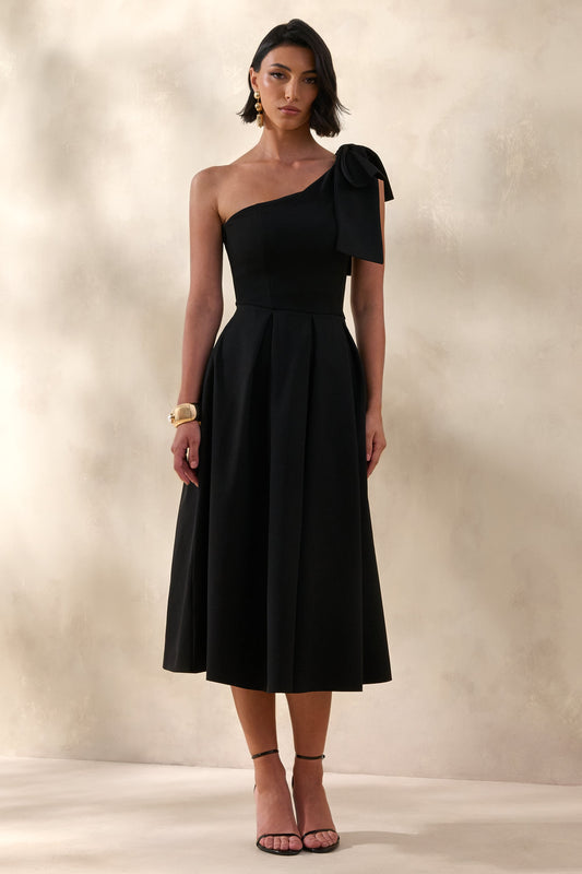 Meria | Vestido Midi Negro Con Escote Asimétrico Y Manga Lazo