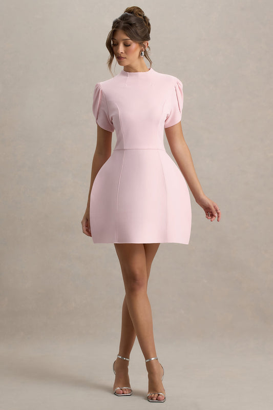 Carabella | Vestido Mini Rosa De Cuello Alto Y Manga Corta