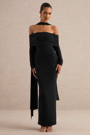 Julissa | Vestido Largo Negro De Escote Bardot Con Detalle De Pañuelo