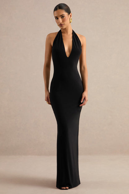 Maristela | Vestido Largo Negro Con Escote Halter Pronunciado