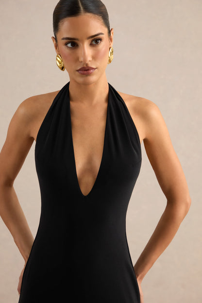 Maristela | Vestido Largo Negro Con Escote Halter Pronunciado