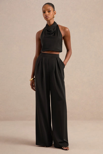 Marne | Pantalones Negros De Satén De Tiro Alto Estilo Sastre
