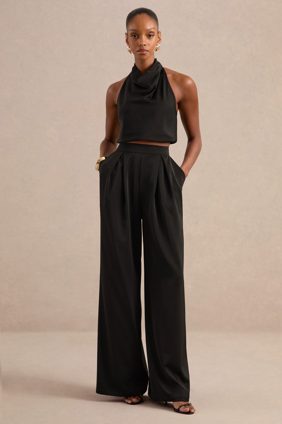 Marne | Pantalones Negros De Satén De Tiro Alto Estilo Sastre