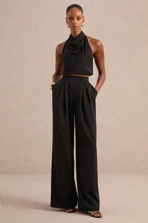 Marne | Pantalones Negros De Satén De Tiro Alto Estilo Sastre