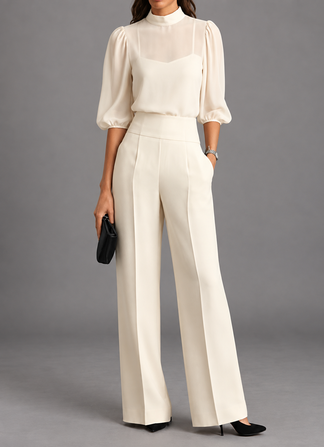 Completo Nadie beige: blusa trasparente a maniche a sbuffo e pantalone ampio a vita alta, vista frontale