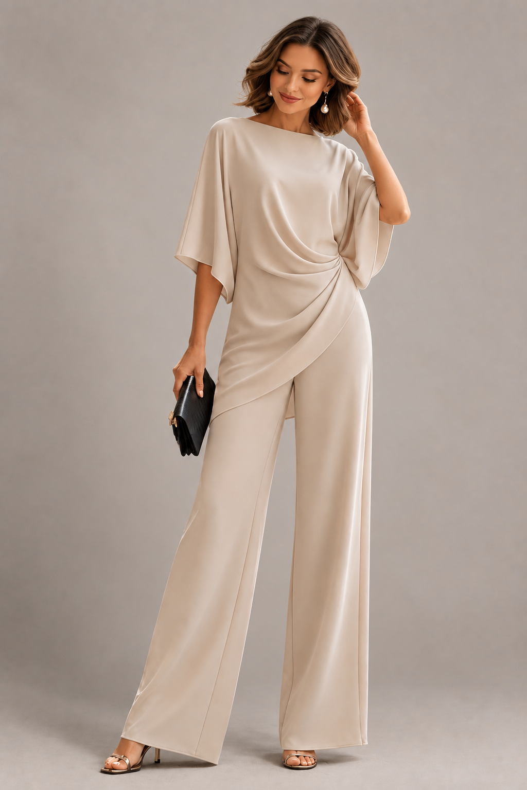 Set Mila™ in Beige: fließendes Top mit drapierter Taille und Cape-Ärmeln und weite Hose, Vorderansicht vor neutralem Hintergrund