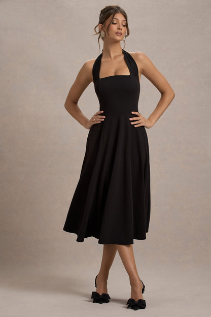 Auburn | Vestido Midi Negro con falda voluminosa y atado al cuello