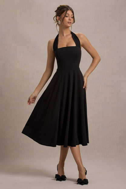Auburn | Vestido Midi Negro con falda voluminosa y atado al cuello