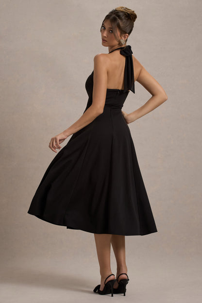 Auburn | Vestido Midi Negro con falda voluminosa y atado al cuello