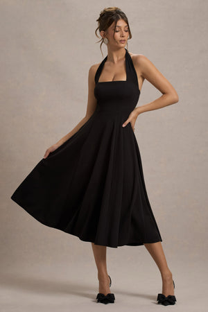Auburn | Vestido Midi Negro con falda voluminosa y atado al cuello