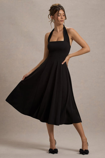 Auburn | Vestido Midi Negro con falda voluminosa y atado al cuello