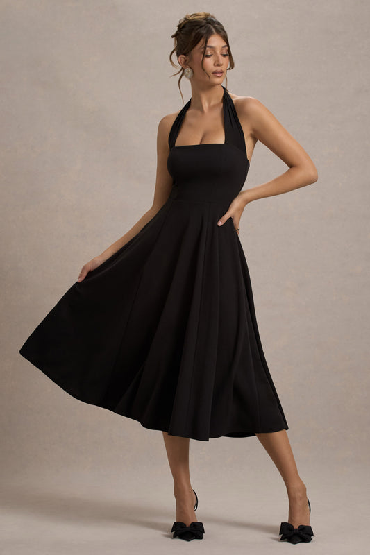 Auburn | Vestido Midi Negro con falda voluminosa y atado al cuello