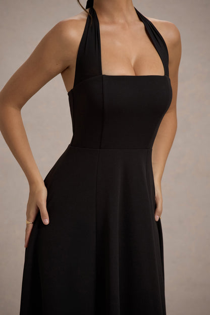 Auburn | Vestido Midi Negro con falda voluminosa y atado al cuello