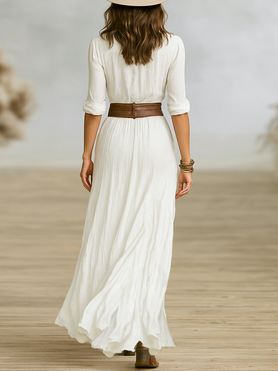 Robe longue Aurore blanche vue de dos, avec ceinture marron