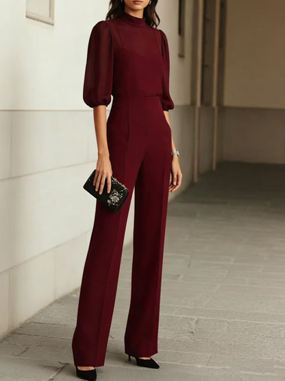 Completo Nadie bordeaux: blusa a maniche a sbuffo e pantalone ampio, vista frontale